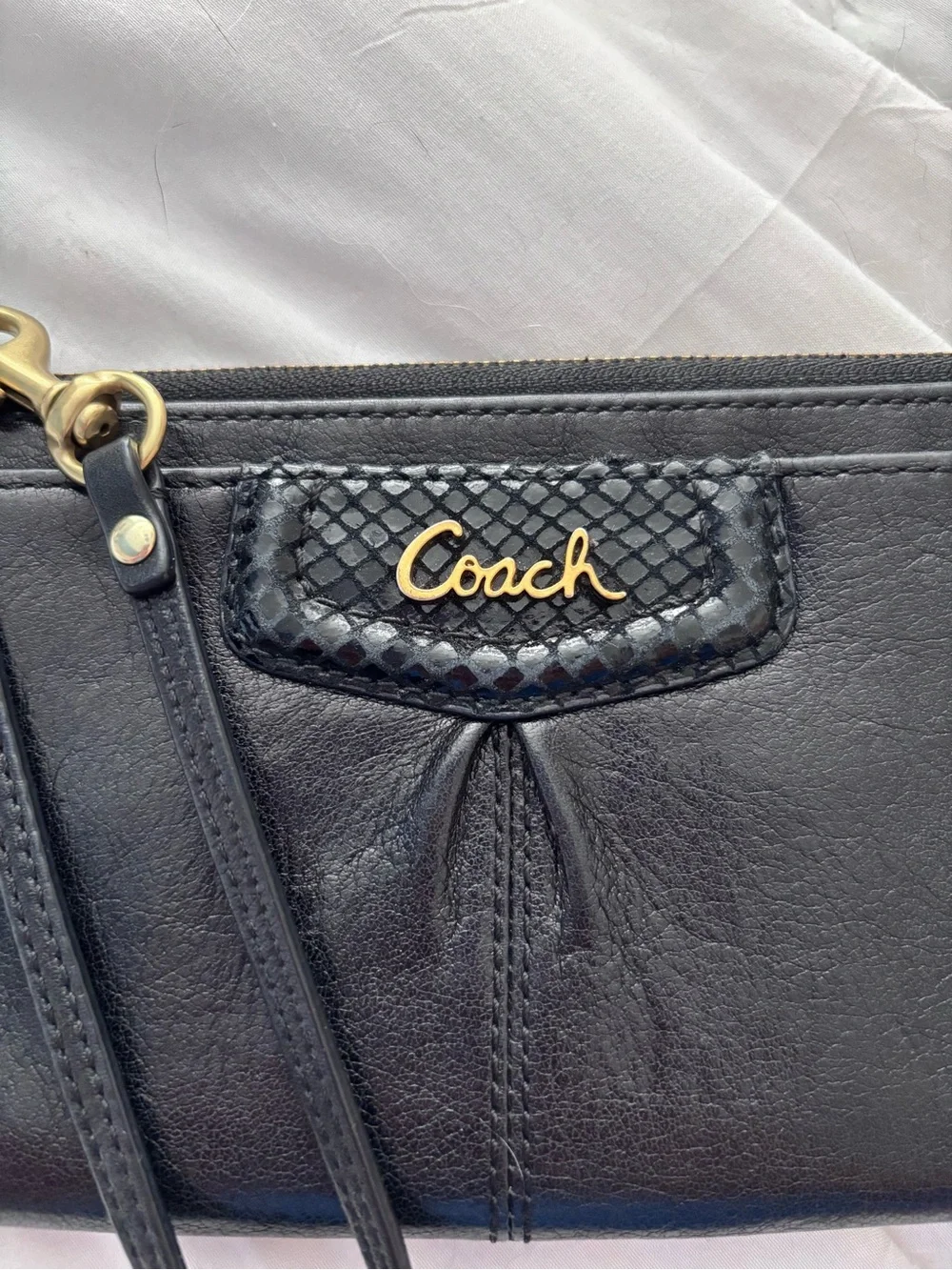 Coach Black Leather Wristlet with Gold Logo Accent